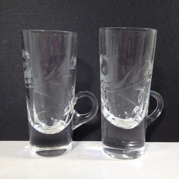 (2) Vintage Crystal Cut Etched Cordial Liqueur Glass Shot Glasses w/ Handles - Picture 5 of 11